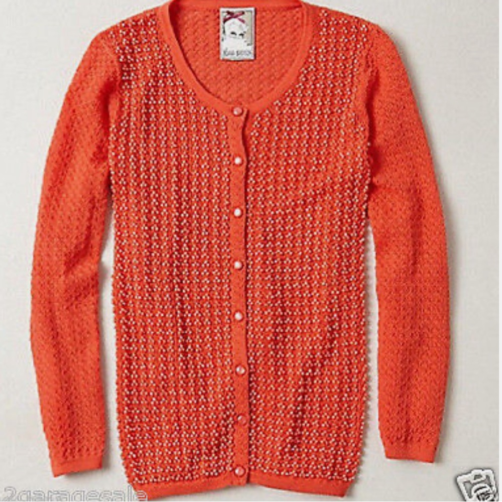 XS Anthropologie Beaded Pointelle Cardigan-Yoana Baraschi Orange Red Crochet